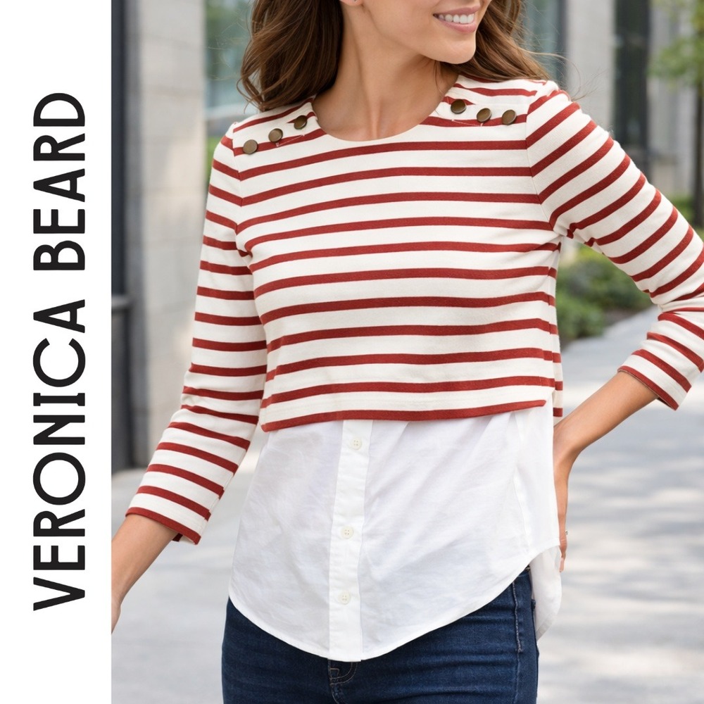 Veronica Beard, Striped Button Layered Look 3/4 Sleeve Shirt Top Size Large